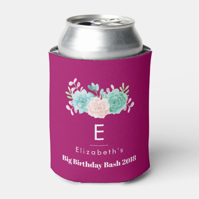 Pastel Pink & Green Floral Bouquet Birthday Can Cooler (Can Front)