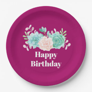 Pastel Pink & Green Floral Bouquet Birthday Paper Plate