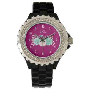 Pastel Pink & Green Floral Bouquet Custom Monogram Watch