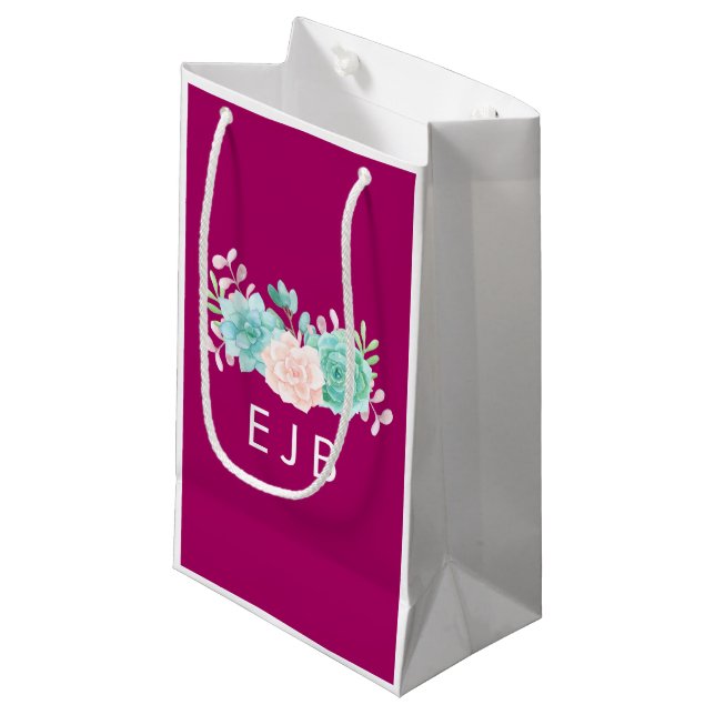 Pastel Pink & Green Floral Bouquet  Monogram Small Gift Bag (Front Angled)