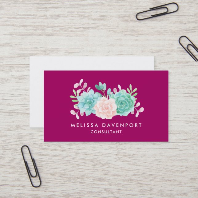 Pastel Pink & Green Floral Bouquet on Magenta Back Business Card (Front/Back In Situ)