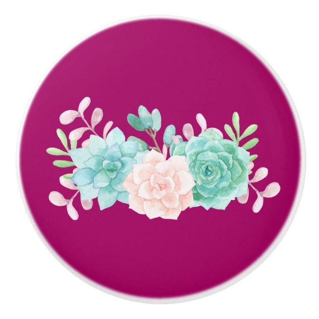 Pastel Pink & Green Floral Bouquet on Magenta Back Ceramic Knob (Front)