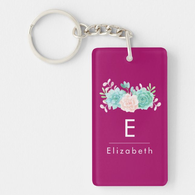 Pastel Pink & Green Floral Bouquet on Magenta Back Key Ring (Front)