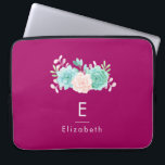 Pastel Pink & Green Floral Bouquet on Magenta Back Laptop Sleeve<br><div class="desc">A laptop sleeve customised with a name and monogram initial designed with a magenta background. A pastel watercolor flower bouquet at the top. The flowers,  leaves and sprigs are pastel pink and green. Created with watercolor paint and digitised. Fresh and summery.</div>