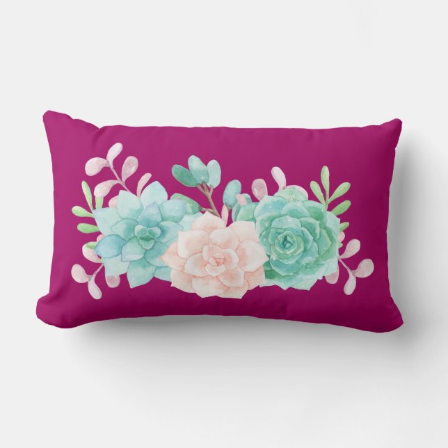 Pastel Pink & Green Floral Bouquet on Magenta Back Lumbar Cushion (Front)