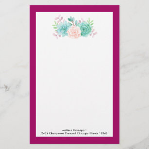Pastel Pink & Green Floral Bouquet on Magenta Back Stationery