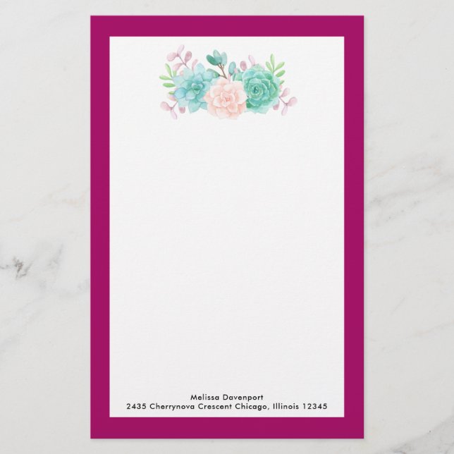 Pastel Pink & Green Floral Bouquet on Magenta Back Stationery (Front)