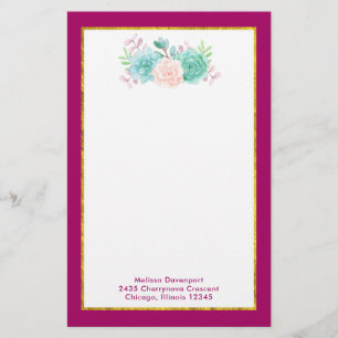 Pastel Pink & Green Floral Bouquet on Magenta Back Stationery