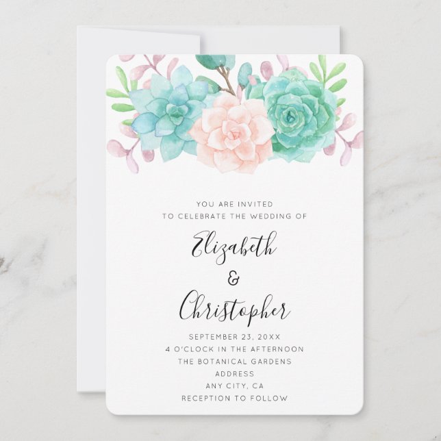 Pastel Pink & Green Floral Bouquet Wedding Invitation (Front)