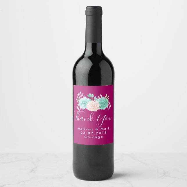 Pastel Pink & Green Floral Bouquet Wedding Thanks Wine Label (Front)