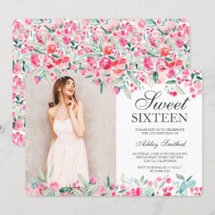 Pastel pink green floral watercolor photo Sweet 16 Invitation