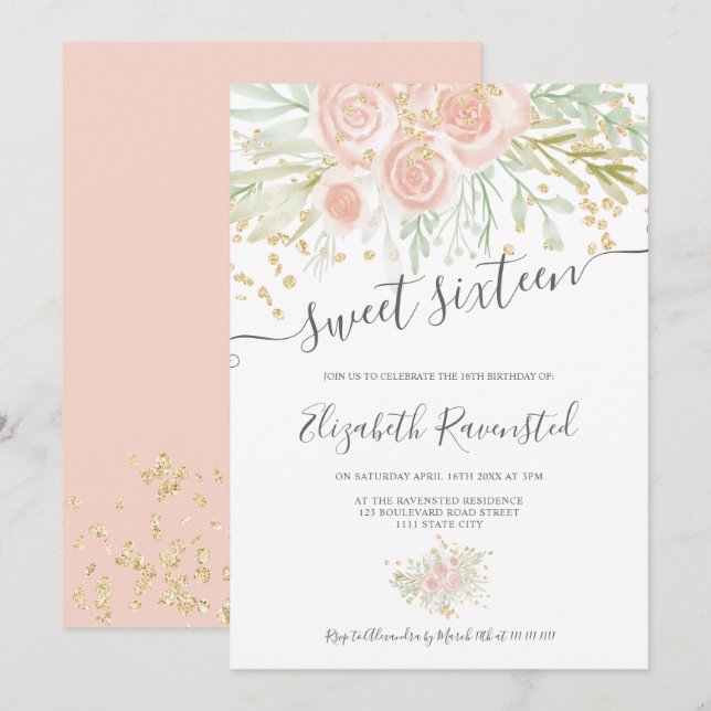 Pastel pink green floral watercolor sweet sixteen invitation (Front/Back)