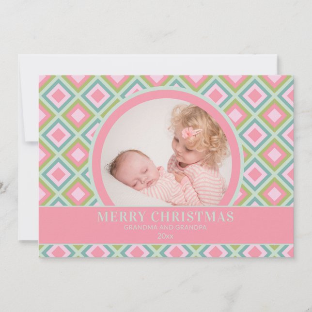 Pastel Pink Green Grandparent Photo Christmas Holiday Card (Front)