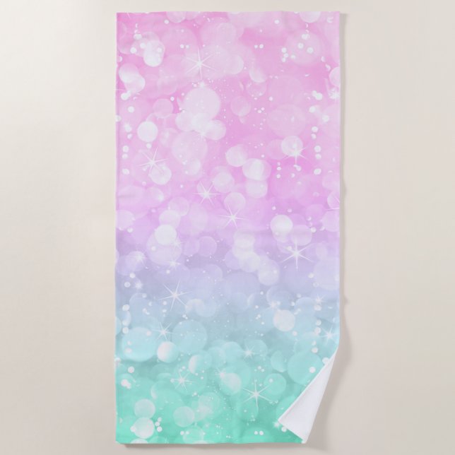 Pastel Pink & Green Modern Bokeh Faux Glitter Beach Towel (Front)