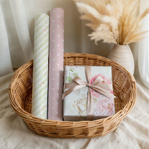 Pastel Pink Green Spring Floral Stripes Wrapping Paper Sheet