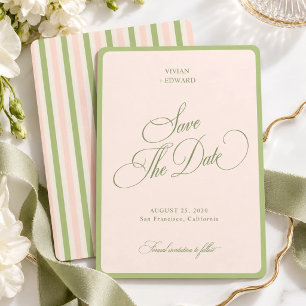 Pastel Pink & Green Stripes Border Retro Wedding Save The Date