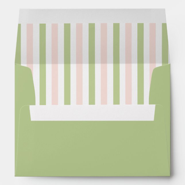 Pastel Pink & Green Stripes Preppy Garden Wedding Envelope (Back (Bottom))