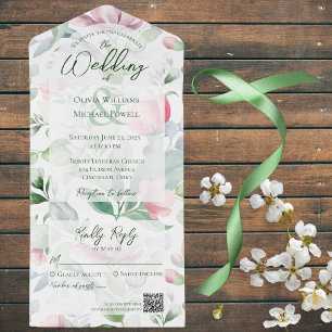 Pastel Pink & Green Watercolor Floral QR Code All In One Invitation