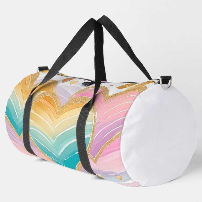 PASTEL PINK GREEN YELLOW PURPLE GOLD HEARTS DUFFLE BAG (Left Corner)