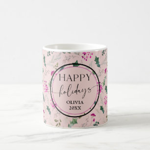 Pastel Pink Greenery Foliage Happy Holidays Mug