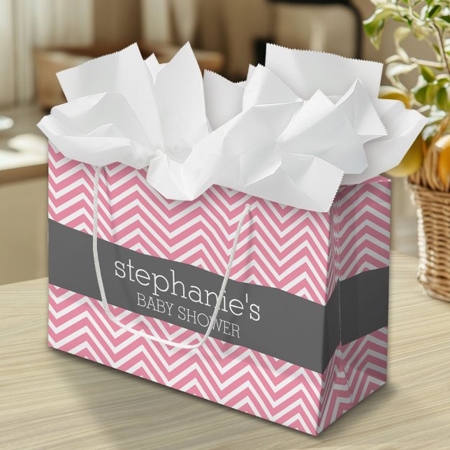 Pastel Pink & Grey Chevrons Baby Shower Collection Large Gift Bag (Custom Gift Bag)