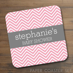Pastel Pink & Grey Chevrons Baby Shower Collection Square Paper Coaster