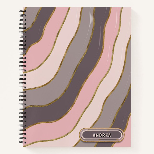 Pastel Pink Grey Chic Gold Groovy Striped Waves  Notebook (Front)