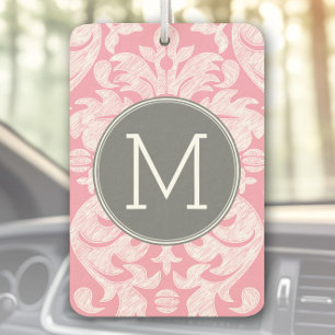 Pastel Pink & Grey Damask Pattern Custom Monogram Car Air Freshener
