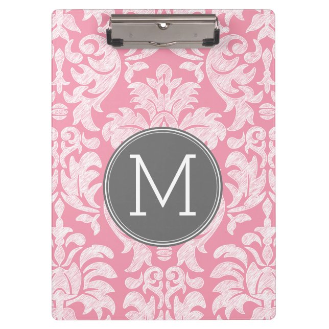 Pastel Pink & Grey Damask Pattern Custom Monogram Clipboard (Front)