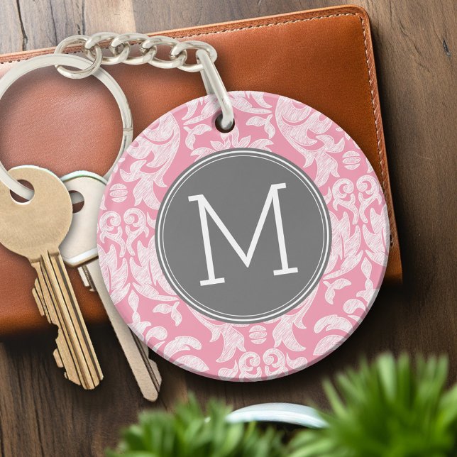 Pastel Pink & Grey Damask Pattern Custom Monogram Key Ring (Personalized Keychain - pink and gray with monogram)