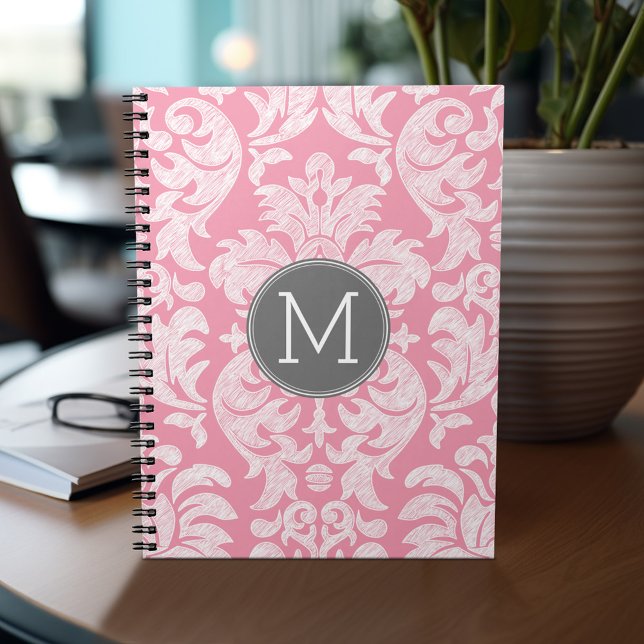 Pastel Pink & Grey Damask Pattern Custom Monogram Notebook (Personalized notebook - add monogram and custom text)