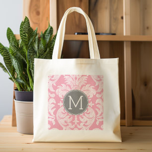 Pastel Pink & Grey Damask Pattern Custom Monogram Tote Bag