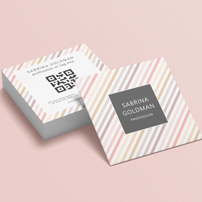 Pastel Pink Grey Gold Stripes QR CODE Square Business Card (Creator Uploaded)