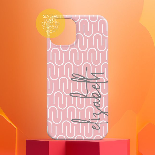 Pastel Pink Grey MCM Pattern - Big Script Name iPhone 16 Case (Modern Pattern with Huge Monogram)