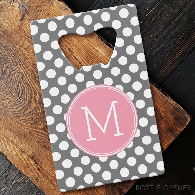 Pastel Pink & Grey Polka Dots with Custom Monogram (Custom Bottle Opener - Card Style)
