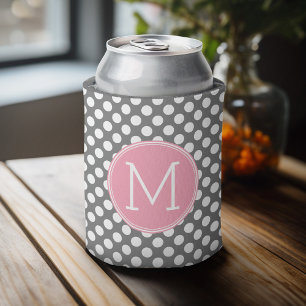 Pastel Pink & Grey Polka Dots with Custom Monogram Can Cooler