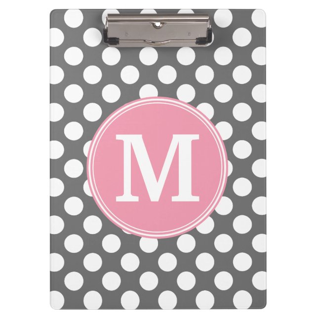 Pastel Pink & Grey Polka Dots with Custom Monogram Clipboard (Front)