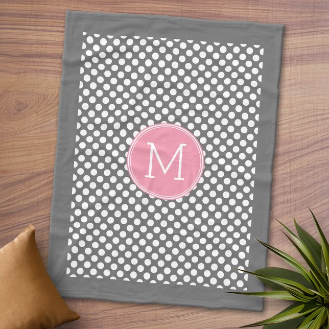 Pastel Pink & Grey Polka Dots with Custom Monogram Fleece Blanket (Personalized Fleece Blanket - Add Monogram)