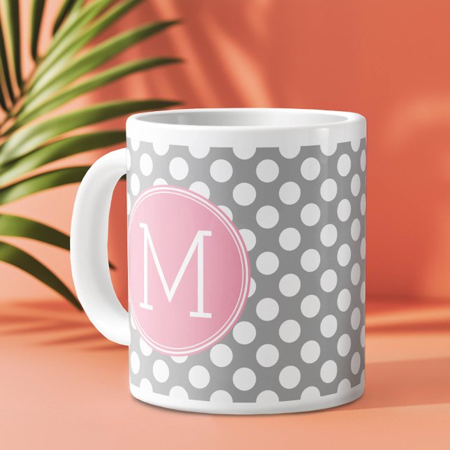 Pastel Pink & Grey Polka Dots with Custom Monogram Large Coffee Mug (Custom Monogram Mug)