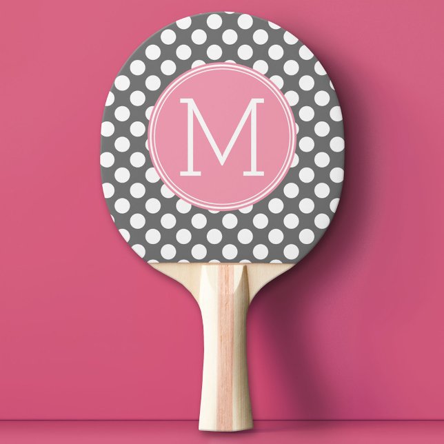 Pastel Pink & Grey Polka Dots with Custom Monogram Ping Pong Paddle (Custom Pin Pong Paddle with Photo Collage)