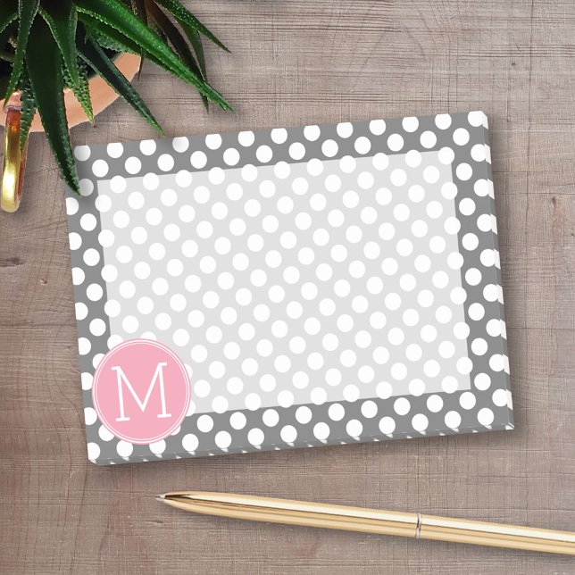 Pastel Pink & Grey Polka Dots with Custom Monogram Post-it Notes (Personalized post-it notes with an area to add your name or other text)