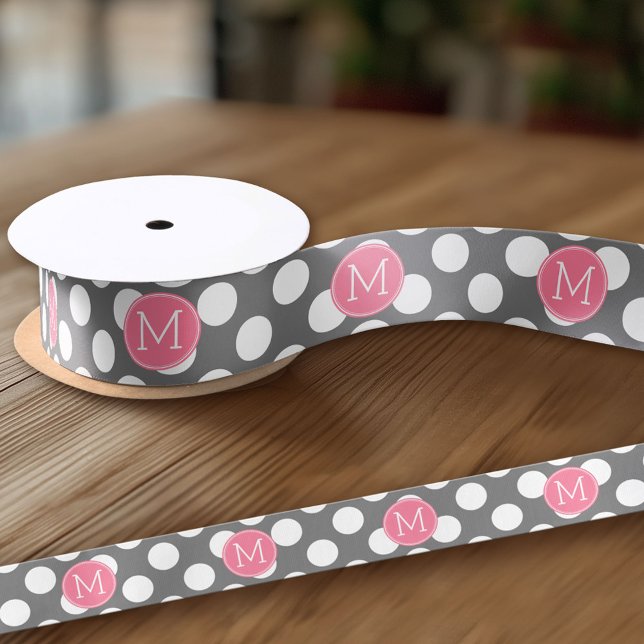 Pastel Pink & Grey Polka Dots with Custom Monogram Satin Ribbon (Custom Ribbon - add your personalized text)