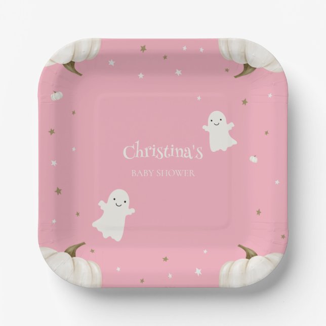 Pastel Pink Halloween Baby Shower Paper Plate (Front)