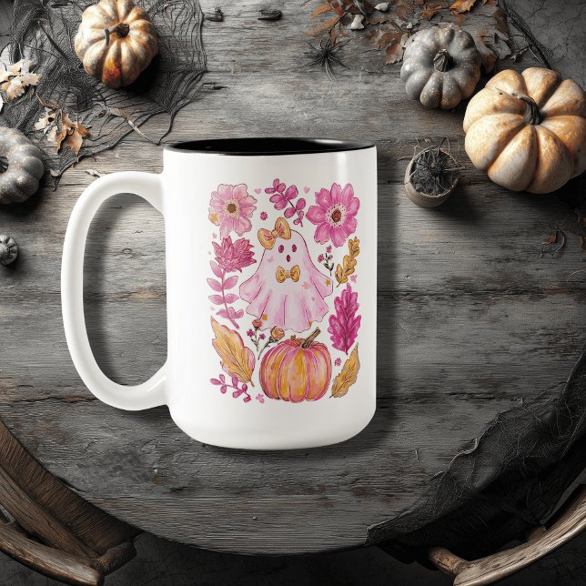 Pastel Pink Halloween Ghost Two-Tone Coffee Mug (Creator Uploaded)
