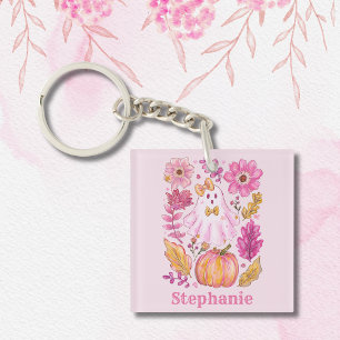 Pastel Pink Halloween Ghost with Custom Name Key Ring