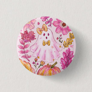 Pastel Pink Halloween Ghost with Flowers and Pumpk 3 Cm Round Badge