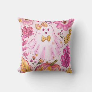 Pastel Pink Halloween Ghost with Flowers and Pumpk Cushion