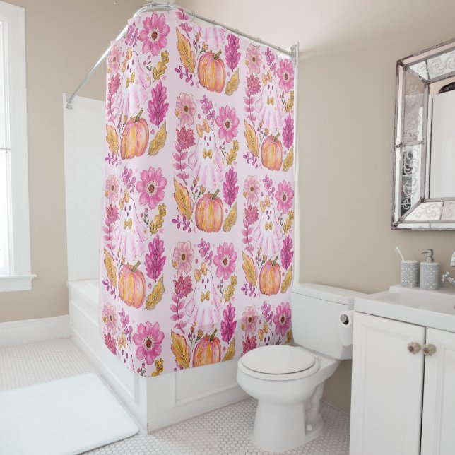 Pastel Pink Halloween Ghost with Flowers and Pumpk Shower Curtain (In Situ)