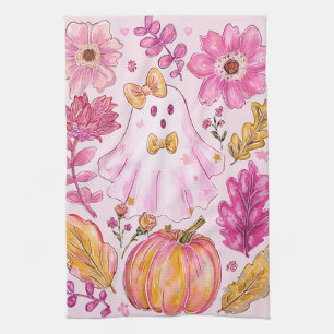 Pastel Pink Halloween Ghost with Flowers and Pumpk Tea Towel