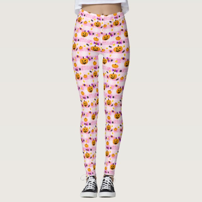 Pastel Pink Halloween Pattern Leggings (Front)